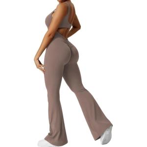imageYEOREO Women Workout Scrunch Flare Jumpsuits Sexy Backless Butt Lift Gym Yoga JumpsuitsDark Brown