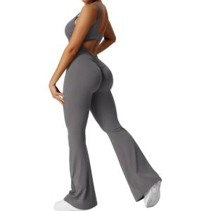 imageYEOREO Women Workout Scrunch Flare Jumpsuits Sexy Backless Butt Lift Gym Yoga JumpsuitsDark Grey