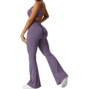 imageYEOREO Women Workout Scrunch Flare Jumpsuits Sexy Backless Butt Lift Gym Yoga JumpsuitsDark Purple