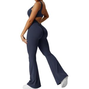 imageYEOREO Women Workout Scrunch Flare Jumpsuits Sexy Backless Butt Lift Gym Yoga JumpsuitsNavy Blue