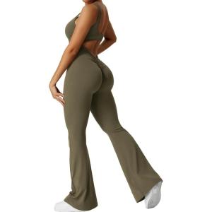 imageYEOREO Women Workout Scrunch Flare Jumpsuits Sexy Backless Butt Lift Gym Yoga JumpsuitsOlive Green