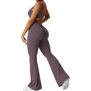 imageYEOREO Women Workout Scrunch Flare Jumpsuits Sexy Backless Butt Lift Gym Yoga JumpsuitsPurple Grey