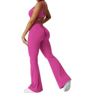 imageYEOREO Women Workout Scrunch Flare Jumpsuits Sexy Backless Butt Lift Gym Yoga JumpsuitsRose