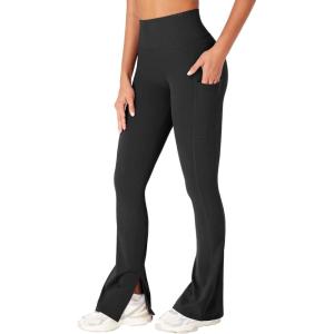 imageYEOREO Women Mini Flare Split Hem Leggings with Pockets Tummy Control Workout Leggings Anilnia Hidden Scrunch Gym Yoga PantsBlack