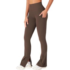 imageYEOREO Women Mini Flare Split Hem Leggings with Pockets Tummy Control Workout Leggings Anilnia Hidden Scrunch Gym Yoga PantsCoffee