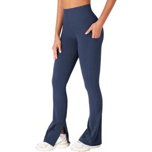 imageYEOREO Women Mini Flare Split Hem Leggings with Pockets Tummy Control Workout Leggings Anilnia Hidden Scrunch Gym Yoga PantsDark Blue