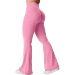 imageYEOREO Kalie Flare Scrunch Leggings for Women V Cross Waist Bell Bottom Yoga Pants Tummy Control Bootcut Workout LeggingsBegonia Pink