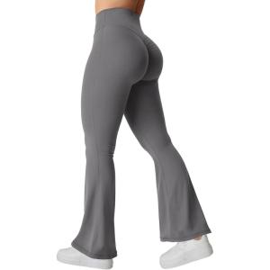 imageYEOREO Kalie Flare Scrunch Leggings for Women V Cross Waist Bell Bottom Yoga Pants Tummy Control Bootcut Workout LeggingsGrey