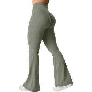 imageYEOREO Kalie Flare Scrunch Leggings for Women V Cross Waist Bell Bottom Yoga Pants Tummy Control Bootcut Workout LeggingsGrey Green