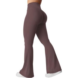 imageYEOREO Kalie Flare Scrunch Leggings for Women V Cross Waist Bell Bottom Yoga Pants Tummy Control Bootcut Workout LeggingsPlum Brown