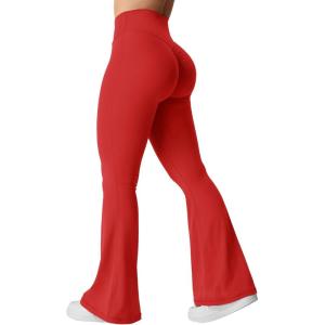 imageYEOREO Kalie Flare Scrunch Leggings for Women V Cross Waist Bell Bottom Yoga Pants Tummy Control Bootcut Workout LeggingsRed