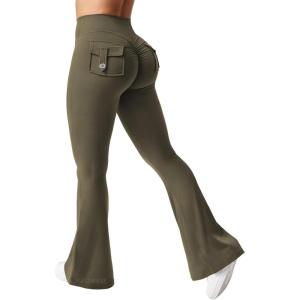 imageYEOREO CoreFlex Flare Leggings with Pockets for Women Scrunch Workout Leggings Butt Lifting Gym Yoga PantsArmy Green