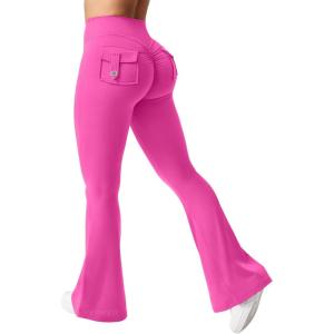 imageYEOREO CoreFlex Flare Leggings with Pockets for Women Scrunch Workout Leggings Butt Lifting Gym Yoga PantsRose Red