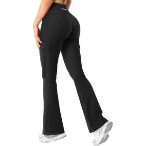 imageYEOREO Workout Flare Leggings with Pockets for Women Byenda Scrunch Butt Lifting Leggings Women No Front Seam Yoga PantsBlack