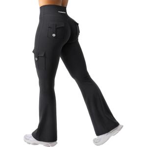 imageYEOREO CoreFlex Women Workout Flare Leggings with Pockets Hidden Scrunch High Waisted Cargo Gym Yoga No Front Seam LeggingsBlack