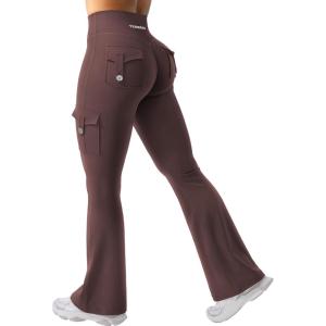 imageYEOREO CoreFlex Women Workout Flare Leggings with Pockets Hidden Scrunch High Waisted Cargo Gym Yoga No Front Seam LeggingsBrown