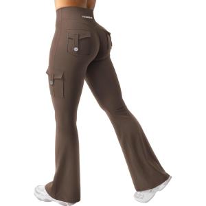 imageYEOREO CoreFlex Women Workout Flare Leggings with Pockets Hidden Scrunch High Waisted Cargo Gym Yoga No Front Seam LeggingsCoffee