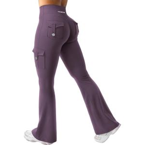 imageYEOREO CoreFlex Women Workout Flare Leggings with Pockets Hidden Scrunch High Waisted Cargo Gym Yoga No Front Seam LeggingsDark Berry