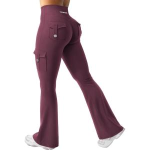 imageYEOREO CoreFlex Women Workout Flare Leggings with Pockets Hidden Scrunch High Waisted Cargo Gym Yoga No Front Seam LeggingsDark Cherry