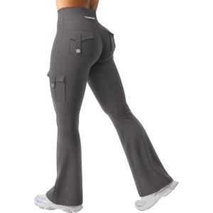 imageYEOREO CoreFlex Women Workout Flare Leggings with Pockets Hidden Scrunch High Waisted Cargo Gym Yoga No Front Seam LeggingsDark Grey