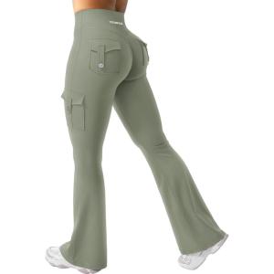 imageYEOREO CoreFlex Women Workout Flare Leggings with Pockets Hidden Scrunch High Waisted Cargo Gym Yoga No Front Seam LeggingsLight Army Green