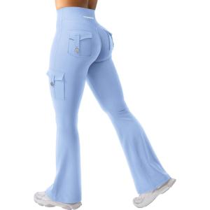 imageYEOREO CoreFlex Women Workout Flare Leggings with Pockets Hidden Scrunch High Waisted Cargo Gym Yoga No Front Seam LeggingsLight Blue