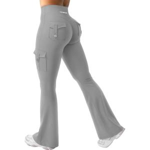 imageYEOREO CoreFlex Women Workout Flare Leggings with Pockets Hidden Scrunch High Waisted Cargo Gym Yoga No Front Seam LeggingsLight Grey