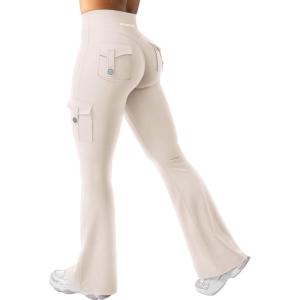 imageYEOREO CoreFlex Women Workout Flare Leggings with Pockets Hidden Scrunch High Waisted Cargo Gym Yoga No Front Seam LeggingsLight Khaki