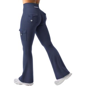 imageYEOREO CoreFlex Women Workout Flare Leggings with Pockets Hidden Scrunch High Waisted Cargo Gym Yoga No Front Seam LeggingsNavy