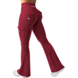 imageYEOREO CoreFlex Women Workout Flare Leggings with Pockets Hidden Scrunch High Waisted Cargo Gym Yoga No Front Seam LeggingsWine