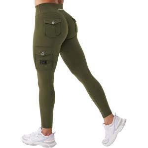 imageYEOREO CoreFlex Workout Cargo Leggings with Pockets for Women Hidden Scrunch Butt Lifting Leggings Gym Yoga PantsArmy Green