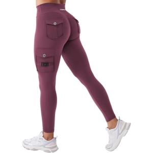 imageYEOREO CoreFlex Workout Cargo Leggings with Pockets for Women Hidden Scrunch Butt Lifting Leggings Gym Yoga PantsBlack Cherry