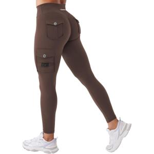 imageYEOREO CoreFlex Workout Cargo Leggings with Pockets for Women Hidden Scrunch Butt Lifting Leggings Gym Yoga PantsChocolate
