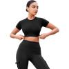 imageYEOREO SoftHue Womens Short Sleeve Crop Tops Caliyta Seamless Workout Impact T Shirts Crew Neck Raglan Gym Yoga Tees Slim FitBlack