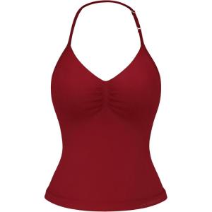 imageYEOREO SoftHue Impact Longline Strappy Top Womens Halter Workout Tank Tops Backless Gym Longline with Adjustable StrapScarlett Red