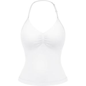 imageYEOREO SoftHue Impact Longline Strappy Top Womens Halter Workout Tank Tops Backless Gym Longline with Adjustable StrapWhite