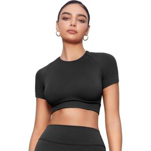 imageYEOREO SoftHue Womens Short Sleeve Crop Tops Caliyta Seamless Workout Impact T Shirts Crew Neck Raglan Gym Yoga Tees Slim FitBlack