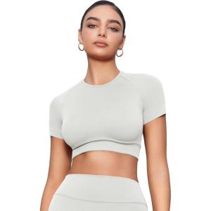 imageYEOREO SoftHue Womens Short Sleeve Crop Tops Caliyta Seamless Workout Impact T Shirts Crew Neck Raglan Gym Yoga Tees Slim FitFeather Rice