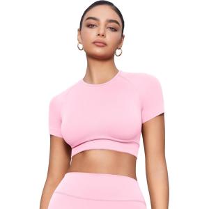 imageYEOREO SoftHue Womens Short Sleeve Crop Tops Caliyta Seamless Workout Impact T Shirts Crew Neck Raglan Gym Yoga Tees Slim FitPink