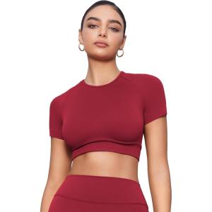 imageYEOREO SoftHue Womens Short Sleeve Crop Tops Caliyta Seamless Workout Impact T Shirts Crew Neck Raglan Gym Yoga Tees Slim FitScarlett Red
