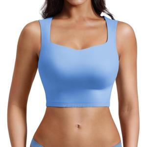 imageYEOREO Workout Top for Women Sleeveless Square Neck Sport Crop Top Built in Bra Tank Top Athletic Gym Cami Heart CollarBlue
