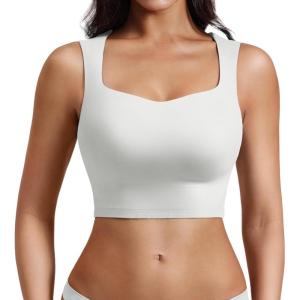imageYEOREO Workout Top for Women Sleeveless Square Neck Sport Crop Top Built in Bra Tank Top Athletic Gym Cami Heart CollarWhite