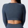 imageYEOREO Seamless Long Sleeve Crop Gym Shirts for Women Workout Yoga Tops Women ShirtTuxedo Blue