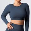 imageYEOREO Seamless Long Sleeve Crop Gym Shirts for Women Workout Yoga Tops Women ShirtTuxedo Blue