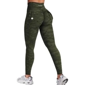 imageYEOREO CoreFlex Leggings with Pockets for Women Charm Scrunch Workout Leggings V Cross Waist Butt Lifting Gym Yoga PantsArmy Green Camo