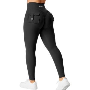 imageYEOREO CoreFlex Leggings with Pockets for Women Charm Scrunch Workout Leggings V Cross Waist Butt Lifting Gym Yoga PantsBlack