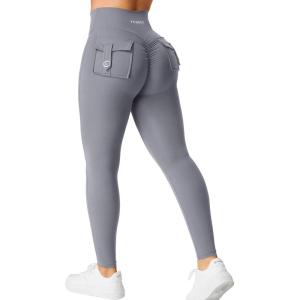 imageYEOREO CoreFlex Leggings with Pockets for Women Charm Scrunch Workout Leggings V Cross Waist Butt Lifting Gym Yoga PantsBlue Gray