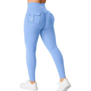 imageYEOREO CoreFlex Leggings with Pockets for Women Charm Scrunch Workout Leggings V Cross Waist Butt Lifting Gym Yoga PantsLight Blue