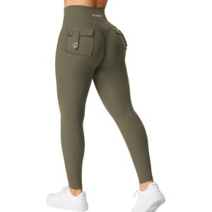 imageYEOREO CoreFlex Leggings with Pockets for Women Charm Scrunch Workout Leggings V Cross Waist Butt Lifting Gym Yoga PantsOlive Green