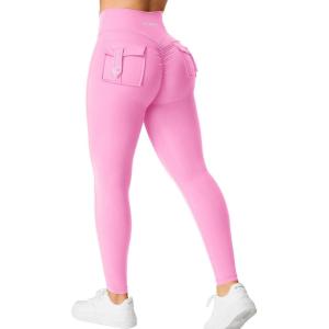 imageYEOREO CoreFlex Leggings with Pockets for Women Charm Scrunch Workout Leggings V Cross Waist Butt Lifting Gym Yoga PantsPink
